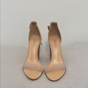 NEW Shutz Nude Chunky Bedazzled Heels with Clear Strap